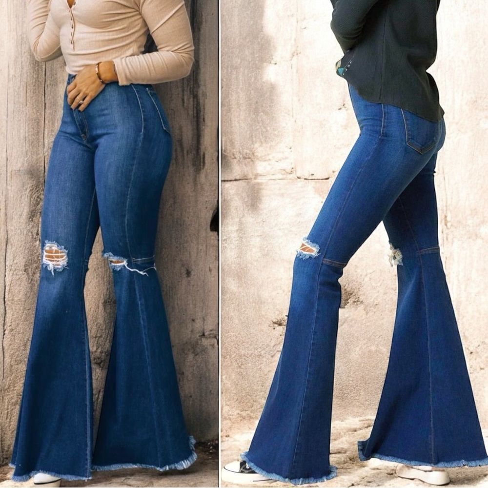Mid Wash Distressed Knee Flare Jeans | High Rise Stretch | Raw Hem | NWT - Picture 2 of 16